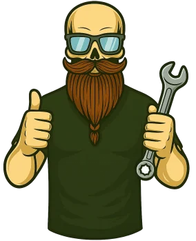 Frontal view of skull mechanic with sunglasses, long beard, thumbs-up, and wrench; transparent background.